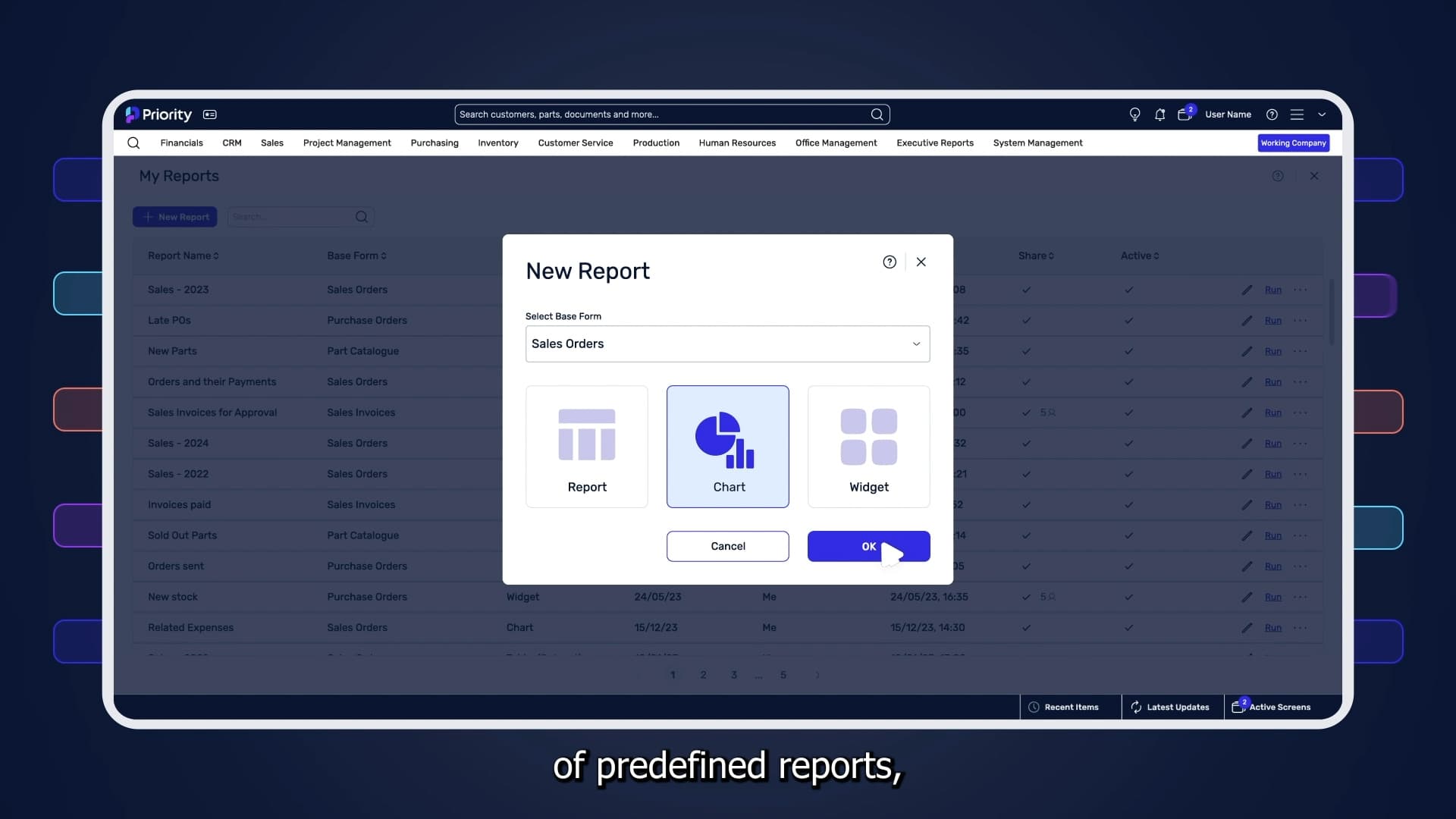 Priority Erp Business Intelligence Dashboard And New Report Creation Options Including Chart And Widget